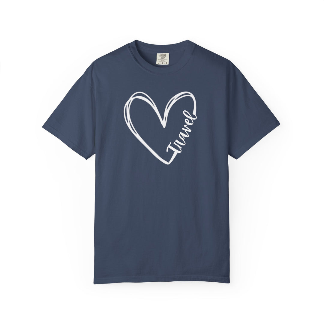 Navy-blue Travel Tee with hand-drawn white heart outline and cursive Travel script, ideal for casual wear.
