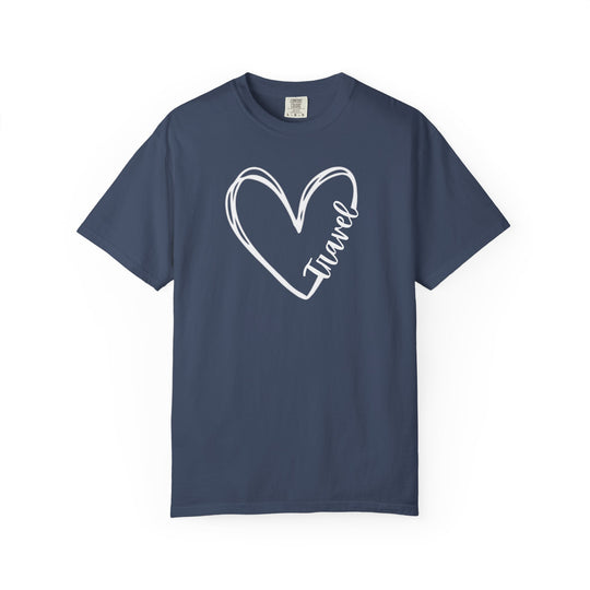 Navy-blue Travel Tee with hand-drawn white heart outline and cursive Travel script, ideal for casual wear.