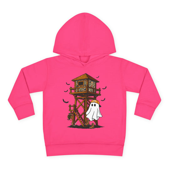 Ghost Hunter Toddler Hoodie with a Halloween-themed illustration of a lookout tower, bats, and a ghost with a pumpkin candy bucket, designed for comfort and durability.
