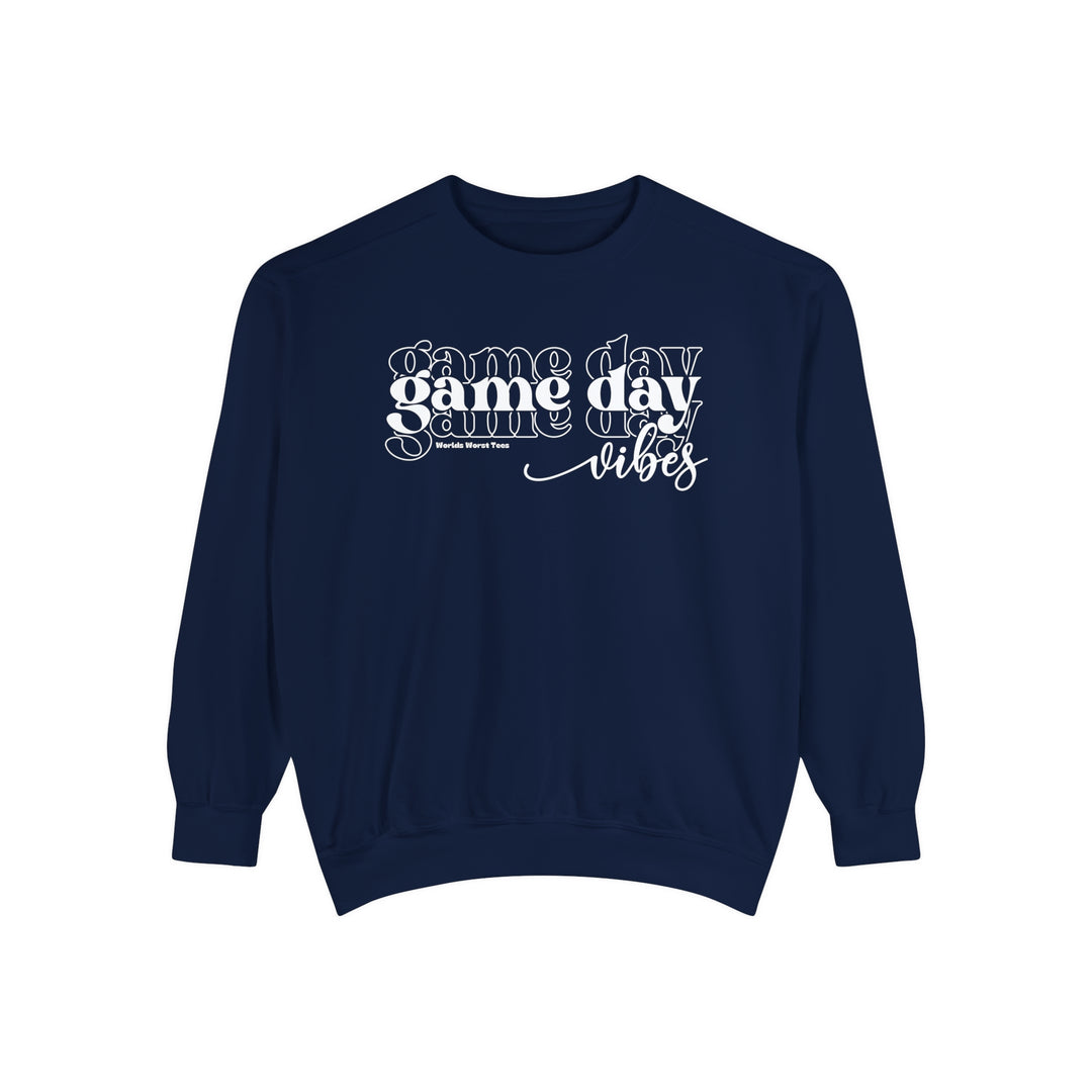 Unisex Game Day Vibes Crew sweatshirt in blue and white, featuring relaxed fit, ring-spun cotton blend fabric, and rolled-forward shoulder design. From Worlds Worst Tees.