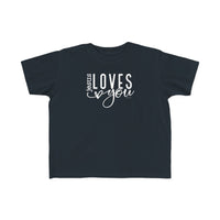 Toddler tee with Jesus Loves You print. Soft, 100% combed ringspun cotton. Light fabric, tear-away label, classic fit. Ideal for sensitive skin, durable for little adventures. Sizes: 2T, 3T, 4T, 5-6T.