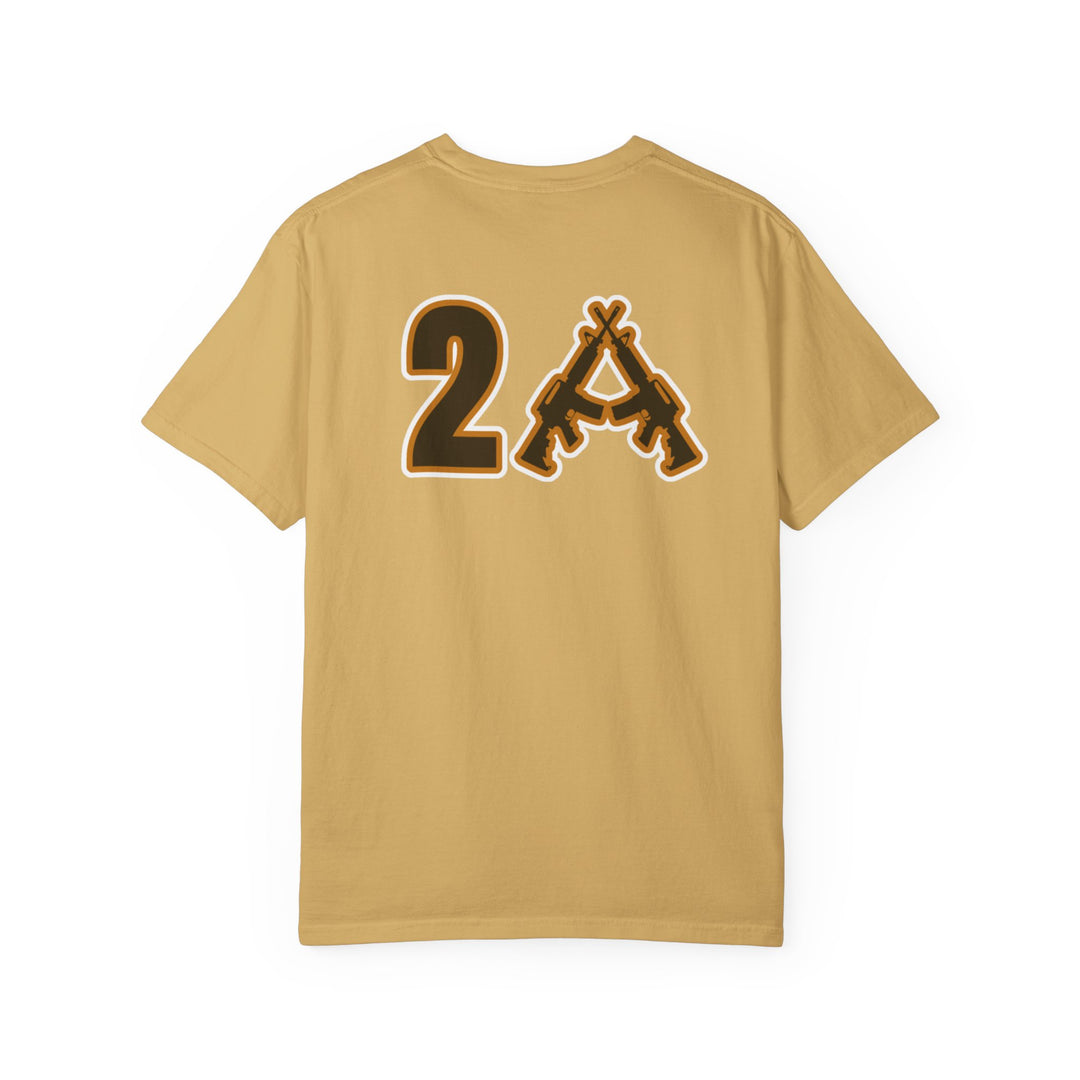 Back view of the 2A Tee in mustard-yellow, featuring a stylized 2 and crossed rifles forming an A graphic near the shoulders.