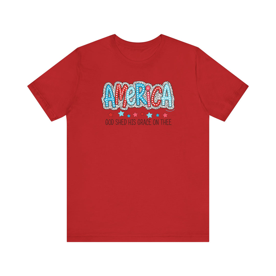 Unisex God Shed His Grace on Thee Tee, red shirt with white text. Airlume cotton tee with ribbed knit collars, taping on shoulders for better fit, and tear away label. Sizes XS to 3XL.