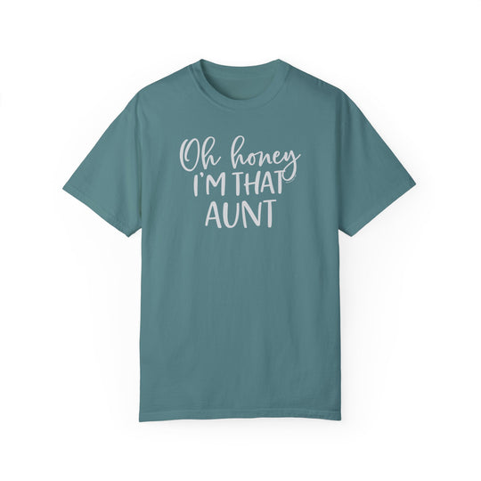 Aunt-themed tee in blue with white text, made of 100% ring-spun cotton. Garment-dyed for extra softness, featuring a relaxed fit and durable double-needle stitching. From Worlds Worst Tees.