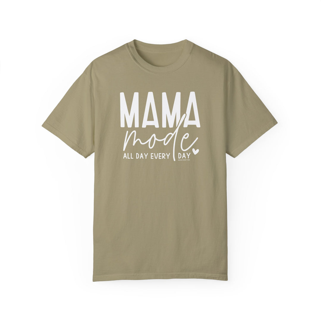 A tan Mama Mode Tee, 100% ring-spun cotton, garment-dyed for coziness. Relaxed fit, durable double-needle stitching, no side-seams for a tubular shape. Medium weight, ideal for daily wear.