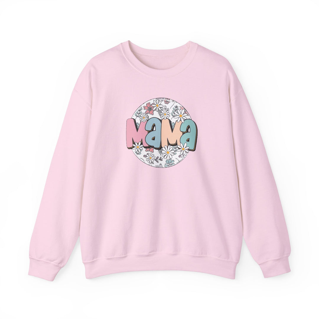 A unisex heavy blend crewneck sweatshirt featuring a pink logo and floral graphic design. Made of 50% cotton, 50% polyester with ribbed knit collar for comfort. Sassy Mama Flower Crew by Worlds Worst Tees.