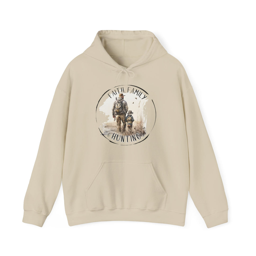 Unisex Faith Family Hunting Hoodie: White sweatshirt featuring a man and child walking in a field. Heavy blend of cotton and polyester, kangaroo pocket, classic fit. Ideal for warmth and comfort.