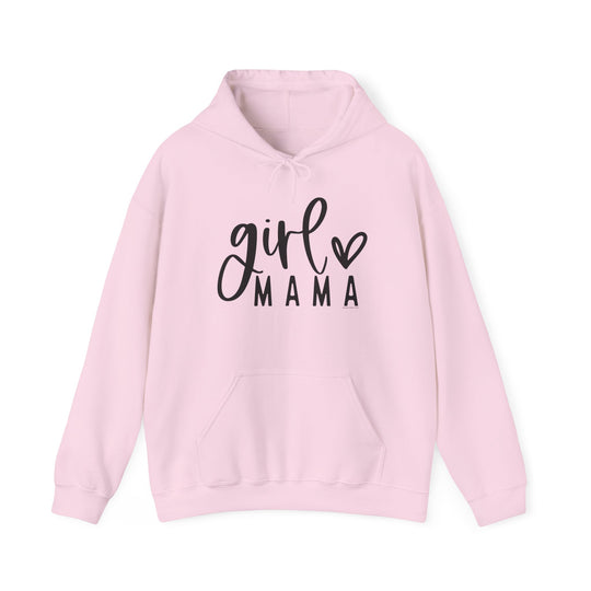 Girl Mama Hoodie: Pink sweatshirt with black text, kangaroo pocket, and matching drawstring. Unisex heavy blend for warmth and comfort. Ideal for cold days. Classic fit, tear-away label, true to size.
