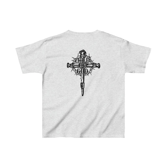 Child of God Kids Tee: White t-shirt with black cross design. 100% cotton, 5.3 oz/yd², classic fit, durable twill tape shoulders, curl-resistant collar. No side seams. Sizes XS to XL.