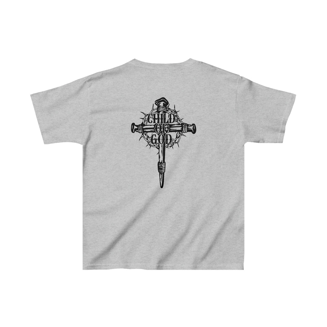 Child of God Kids Tee: A black and white logo of a cross on the back of a t-shirt. 100% cotton, light fabric, classic fit, durable twill tape shoulders, and seamless sides.