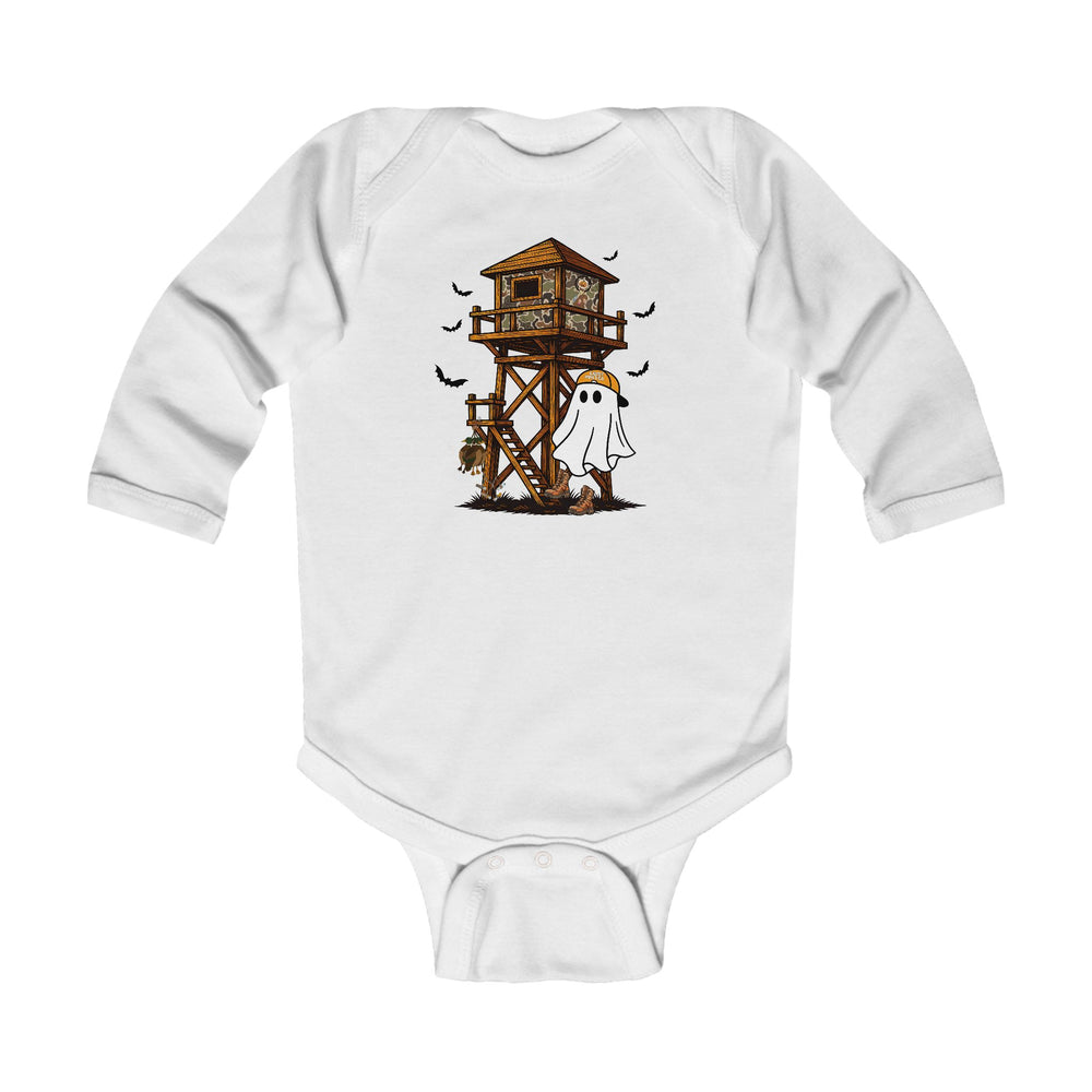 Ghost Hunter Long Sleeve Onesie featuring a cartoon ghost with hunting gear beside a camouflage hunting stand, designed for infants, ensuring comfort and durability.