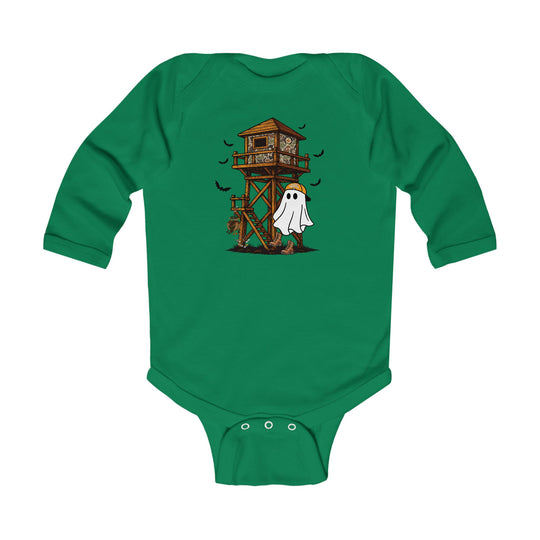 Ghost Hunter Long Sleeve Onesie featuring a Halloween hunting scene with a camo deer-stand, cartoon ghost in orange cap, bats, and gnarled roots.