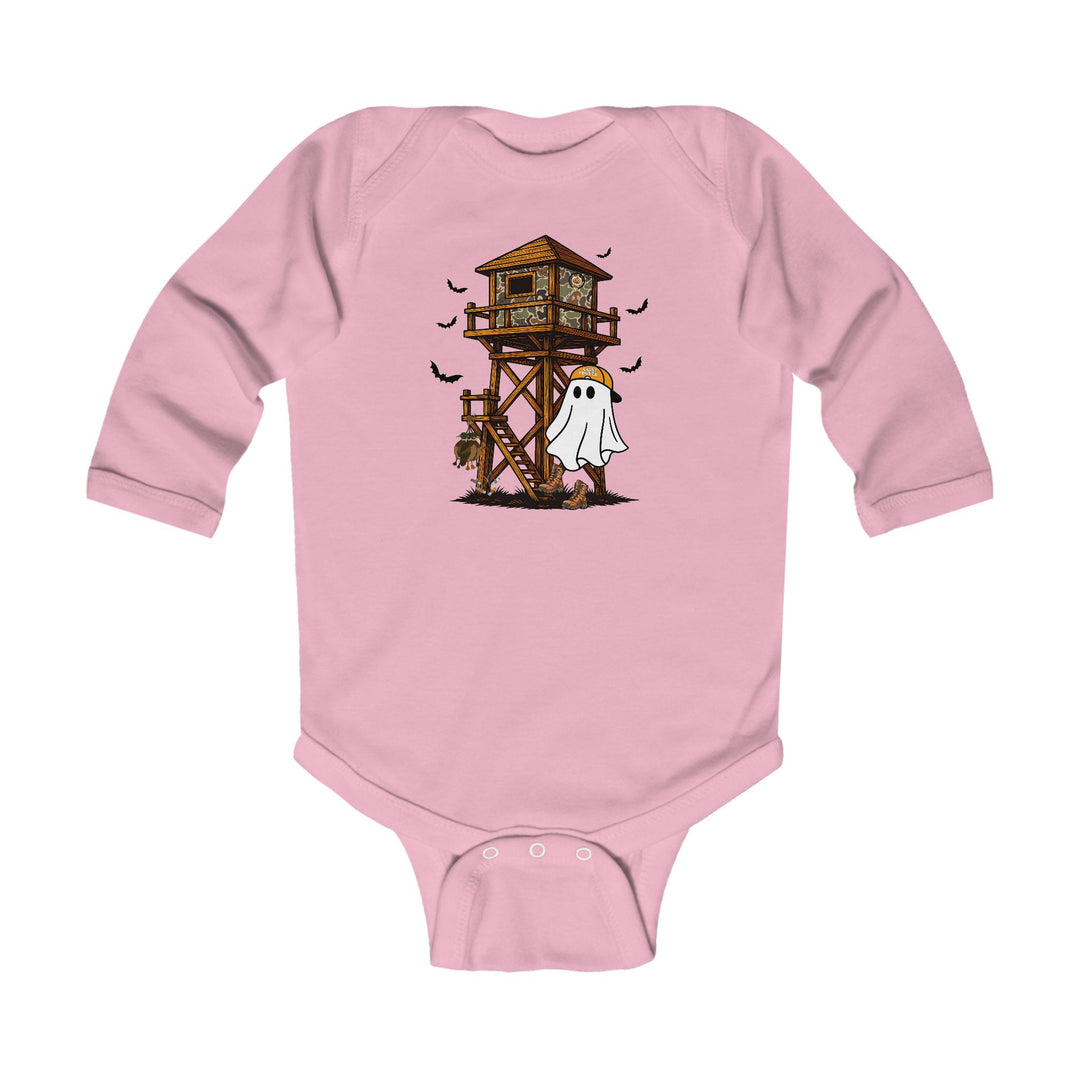 Ghost Hunter Long Sleeve Onesie features a playful hunting scene with a camo tree stand, bats, and a ghost in hunting gear, perfect for infants.