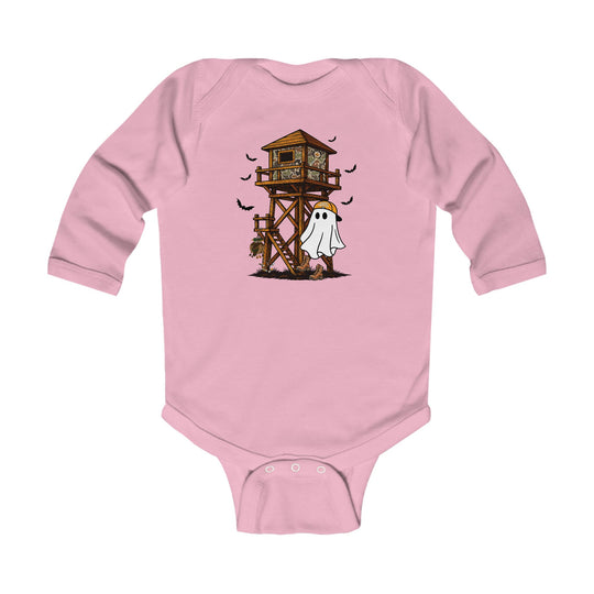 Ghost Hunter Long Sleeve Onesie features a playful hunting scene with a camo tree stand, bats, and a ghost in hunting gear, perfect for infants.