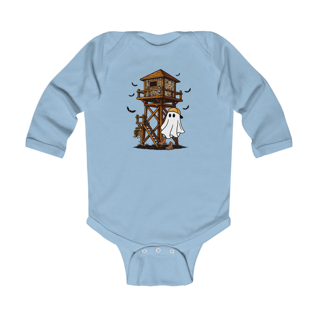 Ghost Hunter Long Sleeve Onesie features a whimsical hunting tower graphic with bats and a cartoon ghost in a cap, designed for comfort and durability.