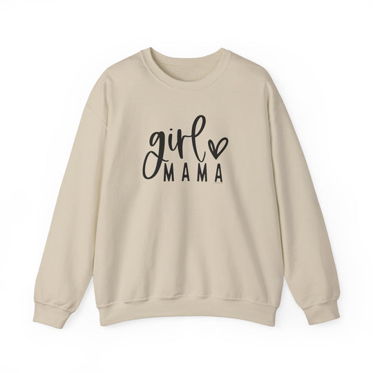 A white Girl Mama Crew unisex sweatshirt with black text. Made of 50% cotton and 50% polyester, featuring ribbed knit collar and a loose fit. Medium-heavy fabric for comfort.