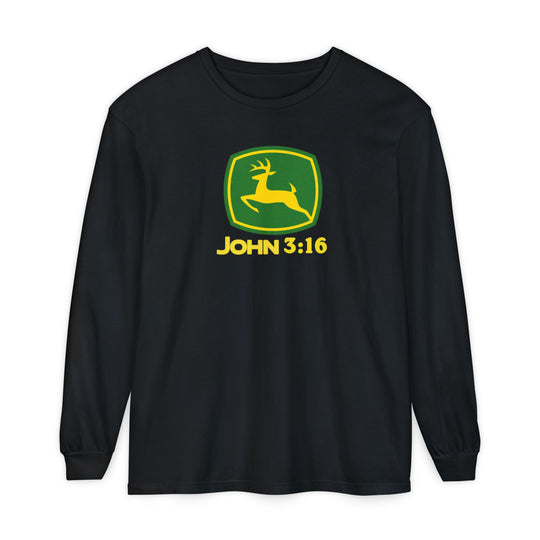 John 3:16 Long Sleeve Tee features a parody John Deere logo with a leaping deer and text, made from soft 100% ring-spun cotton for comfort.