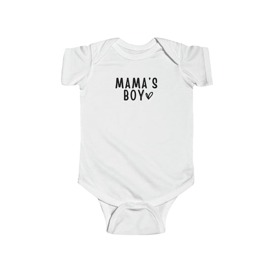 A durable and soft infant fine jersey bodysuit, featuring ribbed knitting for durability and plastic snaps for easy changing access. Mama's Boy Onesie at Worlds Worst Tees.