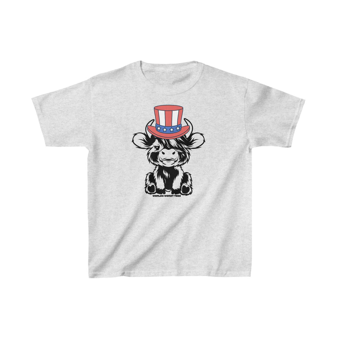 A kids' tee featuring a cartoon cow with a hat, perfect for everyday wear. Made of 100% cotton with twill tape shoulders for durability and a curl-resistant collar. From Worlds Worst Tees.