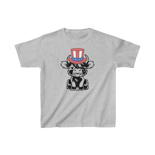 A kids' tee featuring a cartoon cow in a hat, ideal for daily wear. Made of 100% cotton, with twill tape shoulders for durability and a curl-resistant collar. Classic fit, suitable for printing.