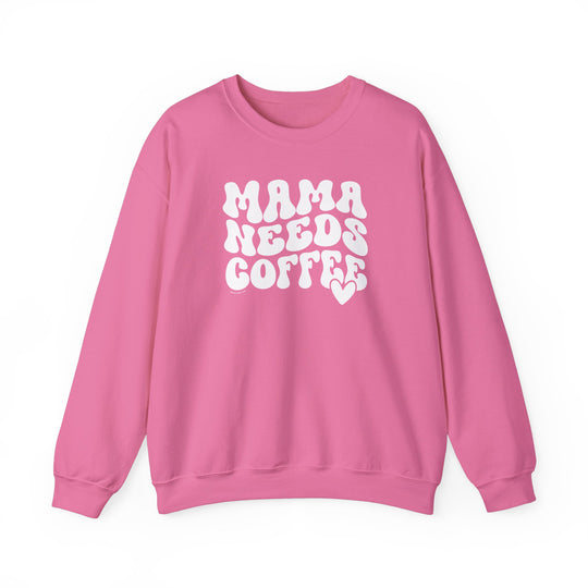 A cozy Mama Needs Coffee Crew sweatshirt in pink with white text, a comfy blend of polyester and cotton. Ribbed knit collar, no itchy seams, loose fit. Ideal for comfort in a medium-heavy fabric.