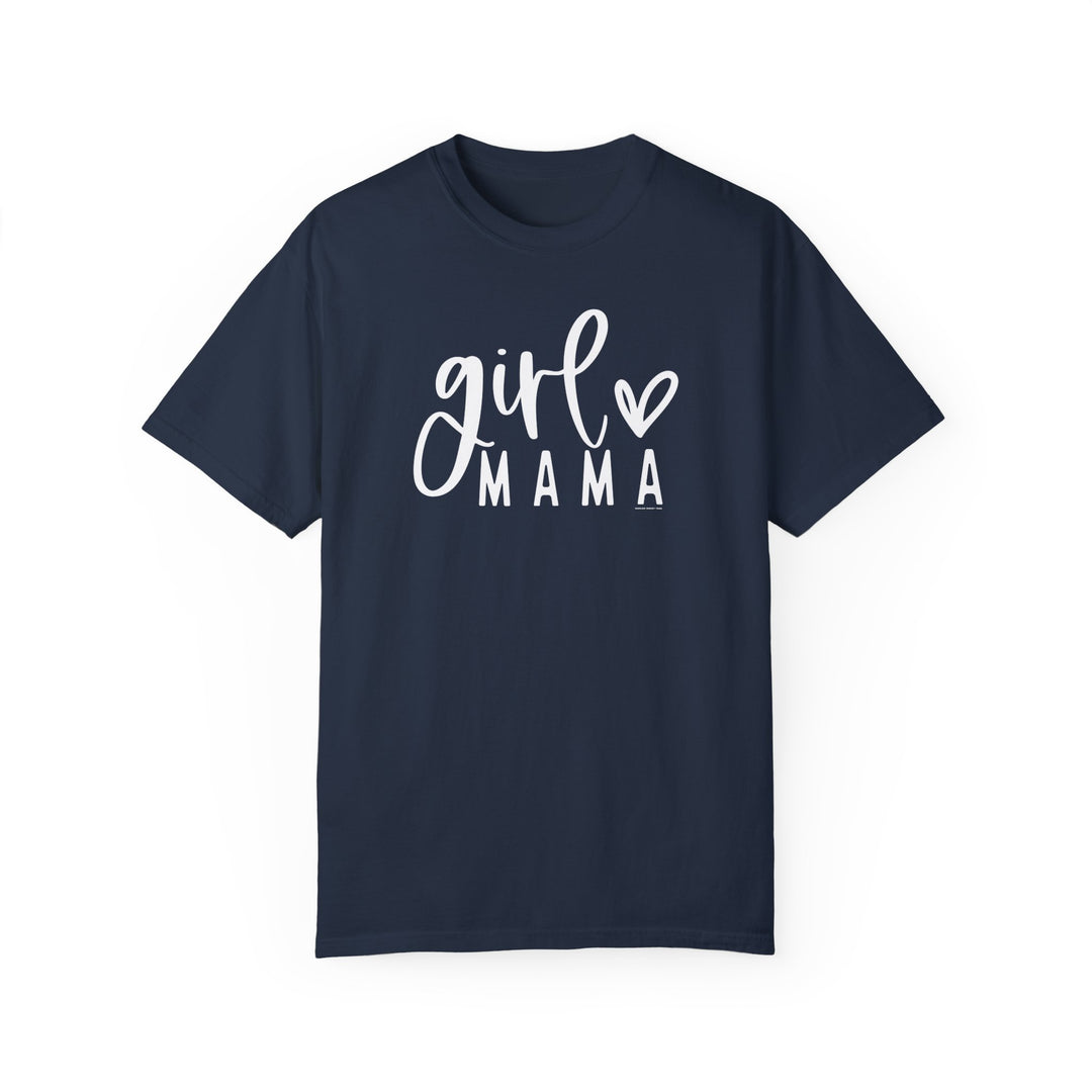 Girl Mama Tee: A blue shirt with white text, made of 100% ring-spun cotton. Garment-dyed for extra coziness, featuring a relaxed fit, double-needle stitching, and no side-seams for durability and shape retention.