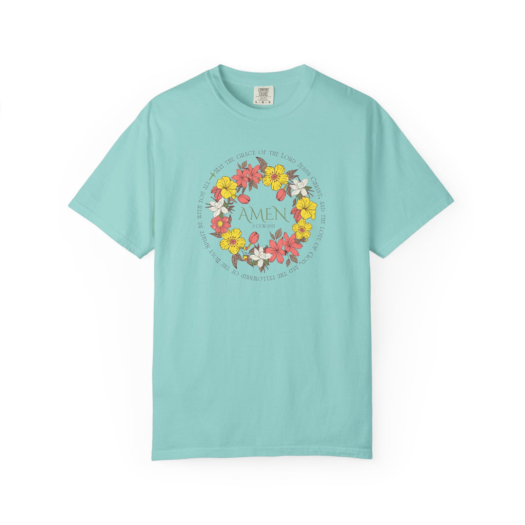 Amen Tee featuring a floral design, crafted from 100% ring-spun cotton for comfort. Ideal for daily wear, with durable stitching and a relaxed fit.
