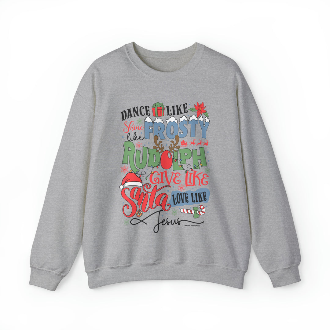 Unisex Frosty Rudolph Santa Jesus Crew sweatshirt, medium-heavy fabric blend, ribbed knit collar, no itchy side seams. Loose fit, sewn-in label. Sizes S-5XL. Ideal for comfort in any situation.