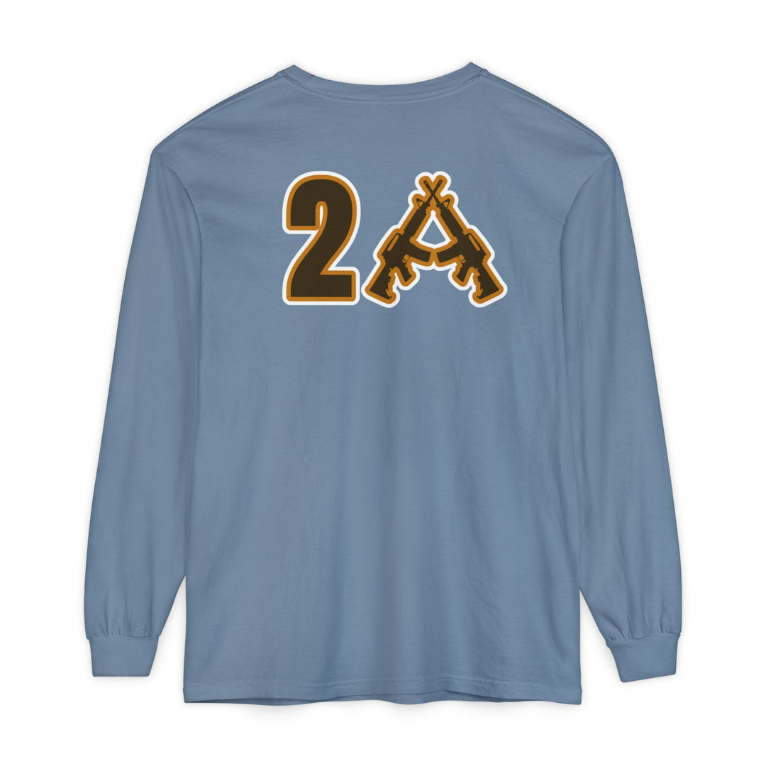 Light blue 2A Long Sleeve Tee with 2A graphic in crossed rifles design on back, showcasing a relaxed fit and soft, 100% ring-spun cotton fabric.