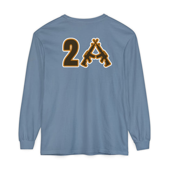 Light blue 2A Long Sleeve Tee with 2A graphic in crossed rifles design on back, showcasing a relaxed fit and soft, 100% ring-spun cotton fabric.