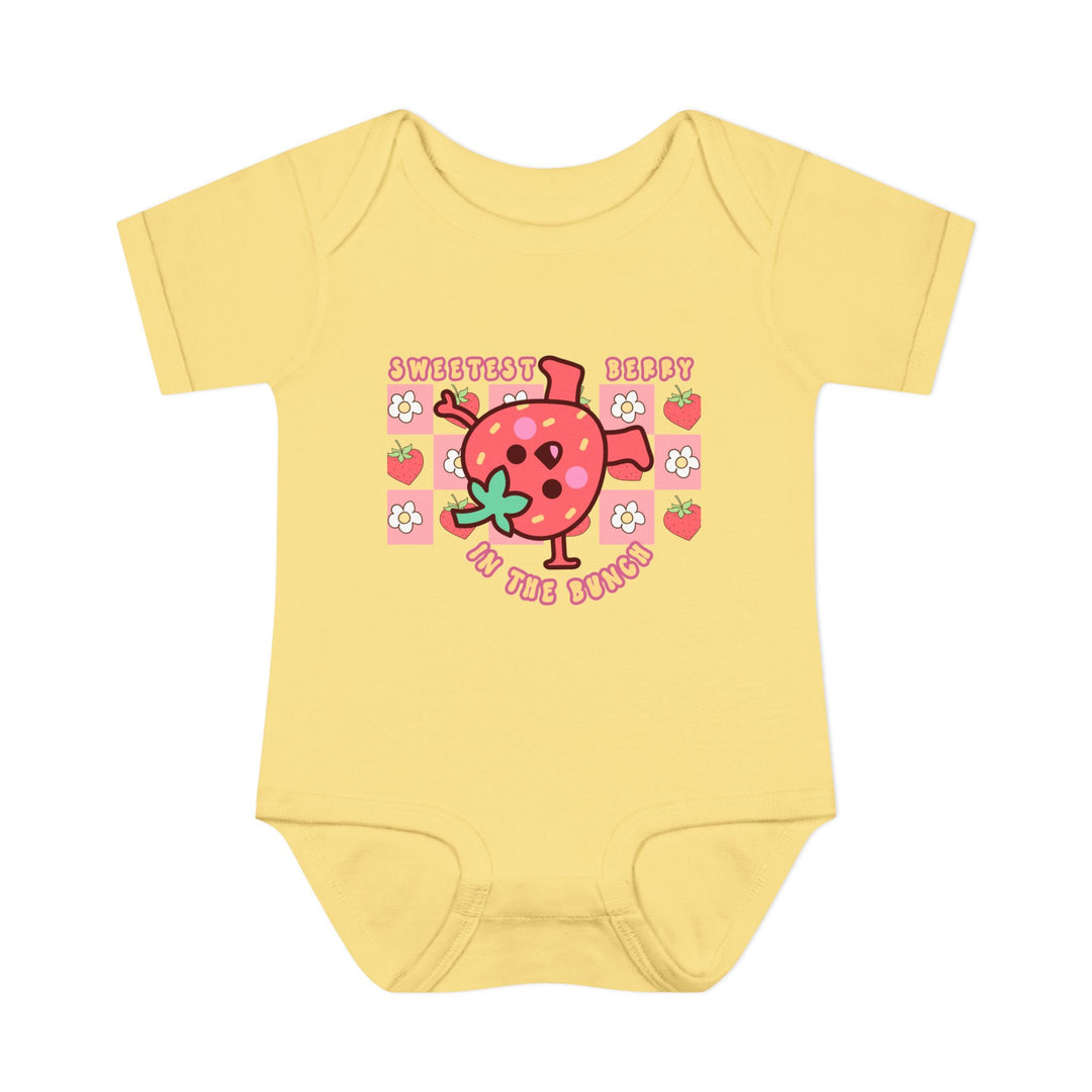 Infant bodysuit titled Sweetest Berry in the Bunch Onesie, featuring a soft, one-piece design with lap shoulders, made from ring-spun cotton for comfort.