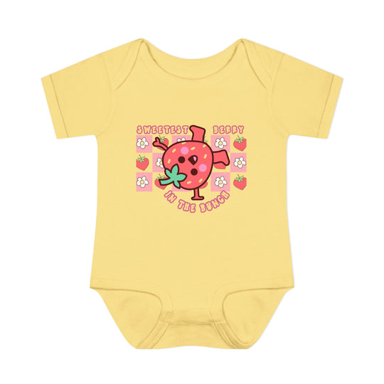 Infant bodysuit titled Sweetest Berry in the Bunch Onesie, featuring a soft, one-piece design with lap shoulders, made from ring-spun cotton for comfort.