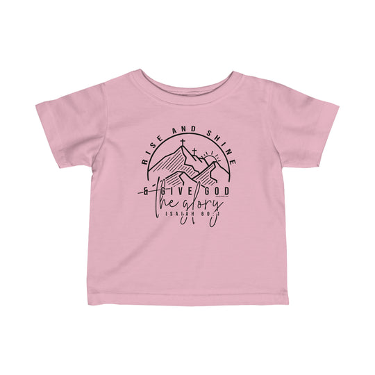 Infant Rise and Shine Tee: Pink shirt with a graphic design of a cross and mountains. Soft ring-spun cotton, side seams, ribbed knitting, and taped shoulders for durability and comfort. Ideal for younglings.