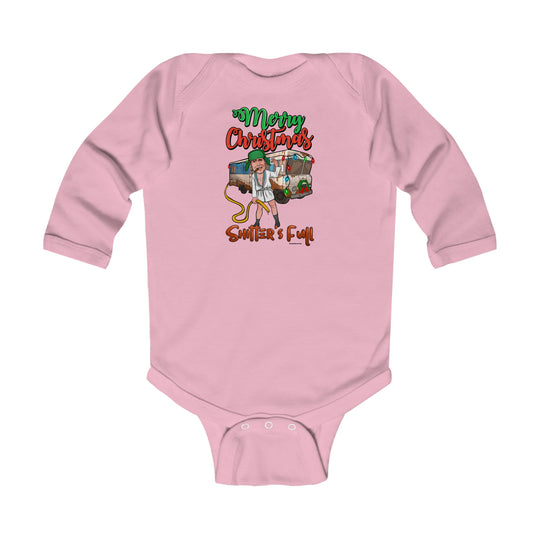 Infant long sleeve bodysuit with a cartoon character, featuring a man in a robe and hat, smoking a cigarette next to a van. Made of 100% combed ring-spun cotton for durability and softness. From 'Worlds Worst Tees'.