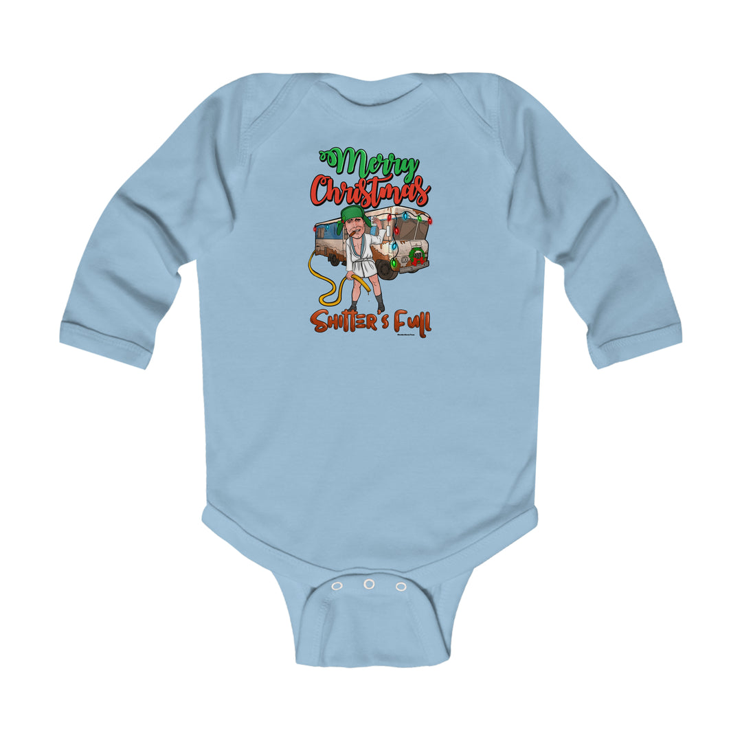 Infant long sleeve bodysuit featuring Shitter's Full cartoon. 100% cotton for baby's comfort. Plastic snaps for easy changing. Durable ribbed bindings for active babies.