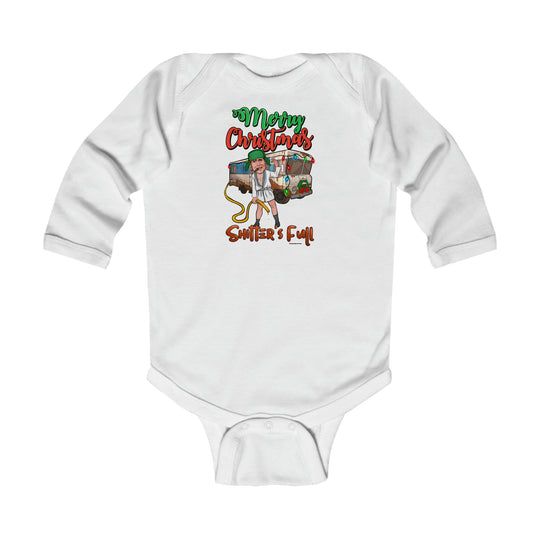 A white baby bodysuit featuring a cartoon character, designed for durability and comfort. Plastic snaps for easy changing. Made of 100% combed ring-spun cotton. From Worlds Worst Tees.