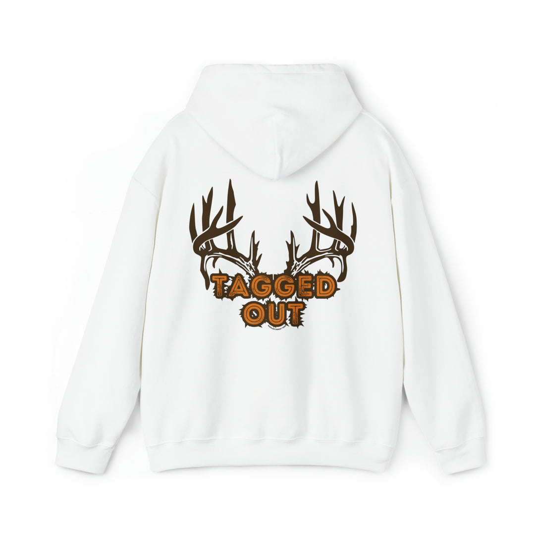 Unisex Tagged Out Sweatshirt: White hoodie with deer head design and text. Heavy blend of cotton and polyester, kangaroo pocket, classic fit. Ideal for relaxation and warmth. From Worlds Worst Tees.