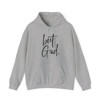 A cozy unisex But God Hoodie, blending cotton and polyester for warmth. Features a kangaroo pocket and matching drawstring. Perfect for chilly days. Classic fit, tear-away label, true to size.