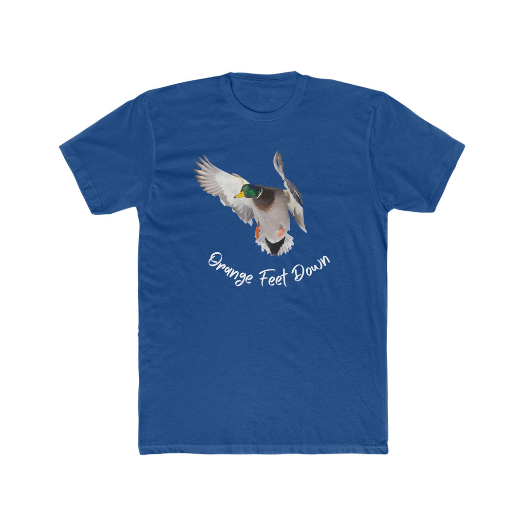 A premium fitted blue shirt featuring a duck flying, part of the Orange Feet Down Tee collection. Made of 100% combed cotton, light fabric, with a high-quality print for a statement look.