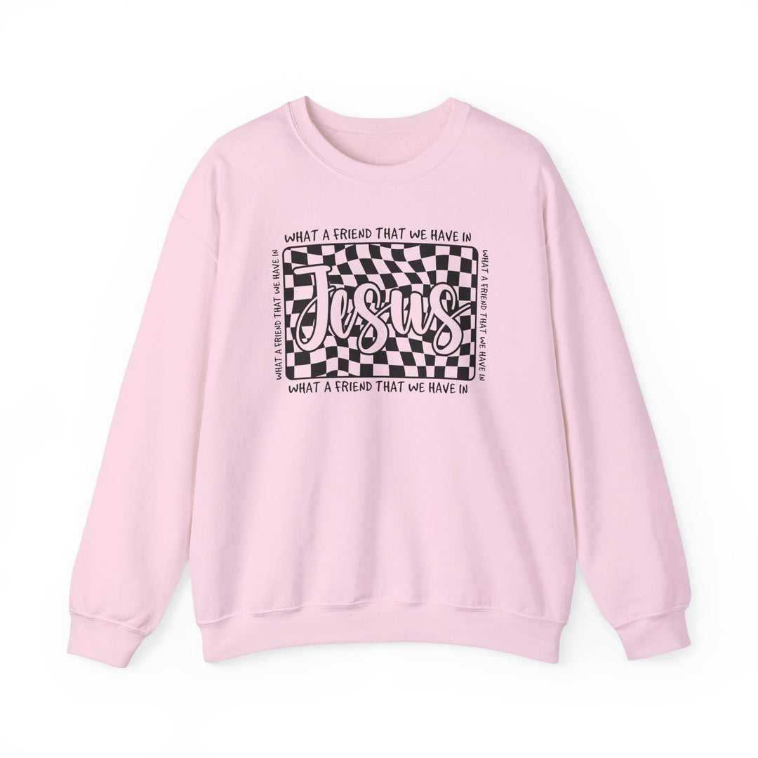 Light pink sweatshirt with What a Friend We Have in Jesus graphic, featuring a checkerboard design and hand-lettered script on the front.