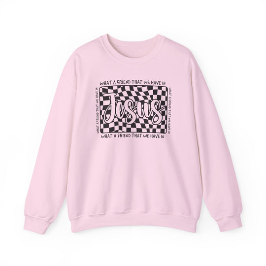 Light pink sweatshirt with What a Friend We Have in Jesus graphic, featuring a checkerboard design and hand-lettered script on the front.