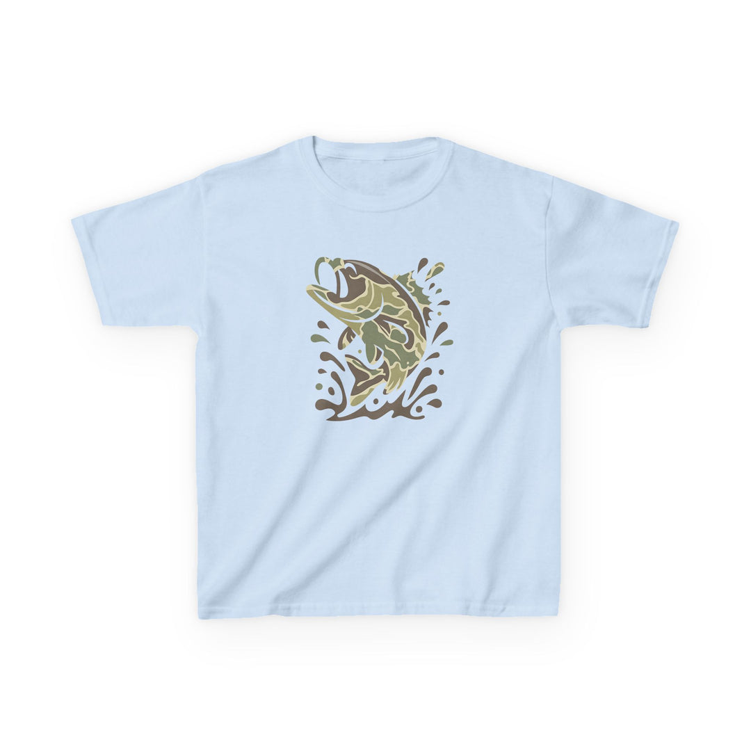 Camo Fish Kids Tee: Light-blue, short-sleeved kids' t-shirt featuring a camo-patterned bass leaping from stylized water splashes, made from durable, soft 100% cotton.