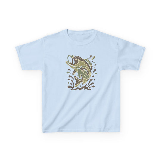 Camo Fish Kids Tee: Light-blue, short-sleeved kids' t-shirt featuring a camo-patterned bass leaping from stylized water splashes, made from durable, soft 100% cotton.
