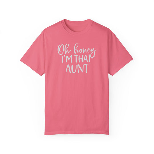 Aunt-themed pink tee with white text. 100% ring-spun cotton, garment-dyed for coziness. Relaxed fit, double-needle stitching for durability, no side-seams for shape retention.