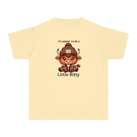A Little Bitty Kids Tee featuring a cartoon cow design on a yellow t-shirt. Made of soft 100% combed ringspun cotton for comfort and agility. Perfect for active kids with a classic fit.