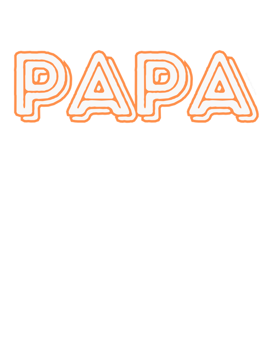 Papa Tee: Neon-style white and orange typography logo on black background. 100% ring-spun cotton tee, garment-dyed for coziness, with a relaxed fit and durable double-needle stitching.
