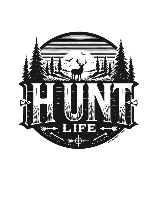 A black and white Hunt Life Tee logo featuring a deer, birds, and forest silhouette. 100% ring-spun cotton tee with a relaxed fit, double-needle stitching, and no side-seams for durability and comfort.