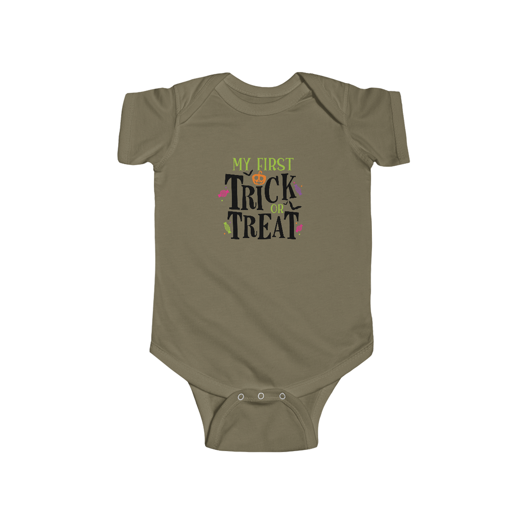 Trick or Treat Onesie: Infant fine jersey bodysuit in 100% cotton fabric, with ribbed knitting for durability. Plastic snaps for easy changing access. Combed ringspun cotton, light weight. From Worlds Worst Tees.