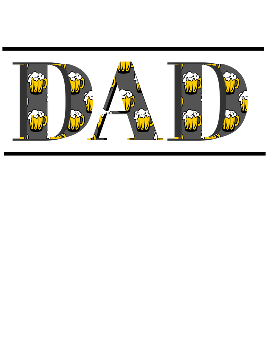 A Dad Beer Tee featuring a letter A with beer mugs design on a black and yellow background. Unisex heavy cotton tee with ribbed knit collar, tape shoulders, and no side seams for comfort. Classic fit, 100% cotton.