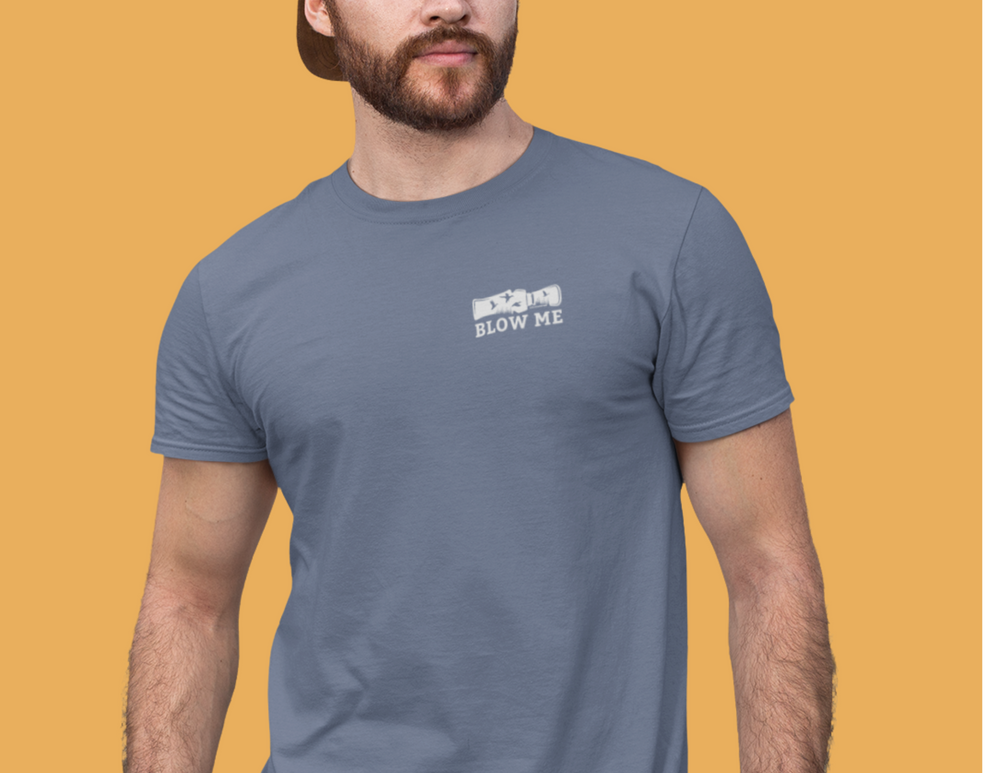 A Blow Me Tee: A man in a grey shirt and hat, showcasing a logo of a hand with birds. Premium fit, ribbed knit collar, 100% cotton. Roomy and comfy for workouts or daily wear.